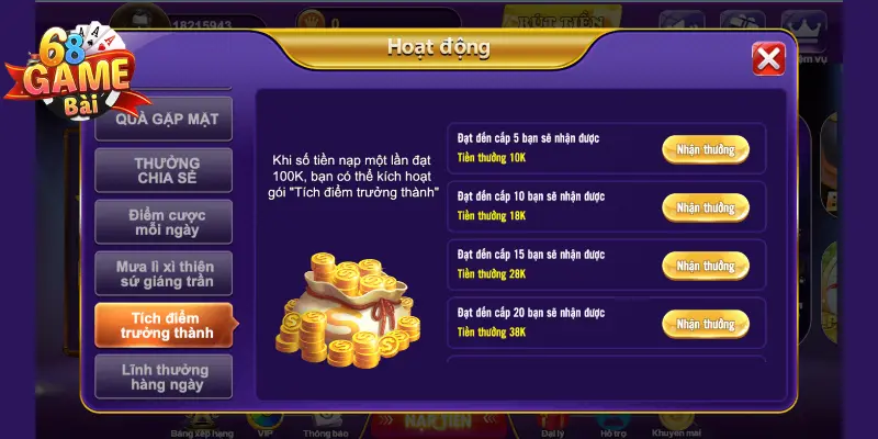 68 game bài tích điểm trưởng thành